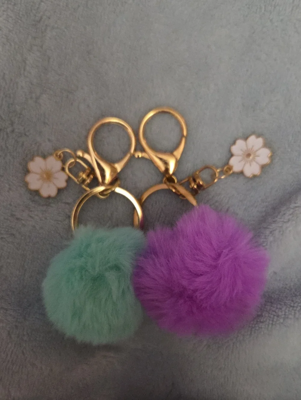 Gold Hardware Pom Pom Keychain Set with Mint and Purple Fur NWOT